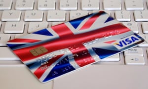 A credit card with union jack flag design sat on keyboard