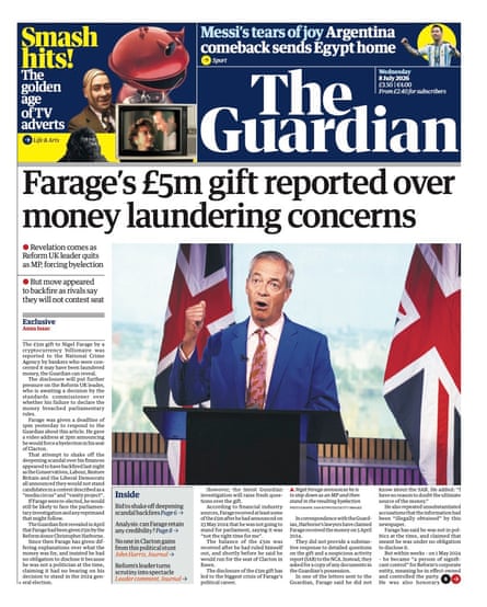 Front page of the Guardian 8 July 2026