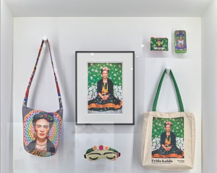 Vitrine of Kahlo images on tote bags, a phone case and sleep shades
