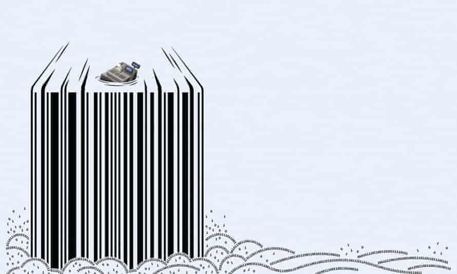 An illustration, on a pale blue background, of a till sinking in the sea of a shredded till receipt