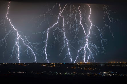 Low angle view of lightning in sky at night in Drage, Croatia