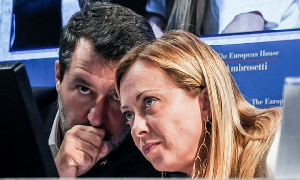 Matteo Salvini, leader of the League party, with Giorgia Meloni, the co-founder of Brothers of Italy, at a political forum in Cernobbio, Italy, earlier this month.