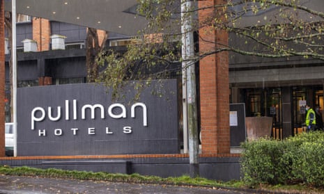 Security outside the Pullman hotel in Auckland where the returning traveller was infected with coronavirus. 