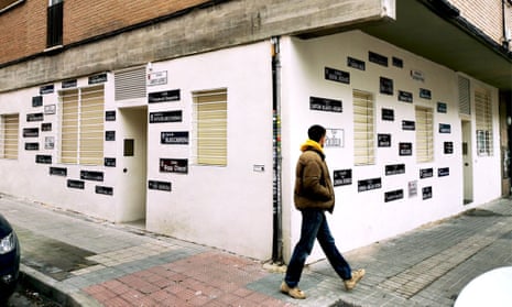 Llanos de Escudero street corner with Berasategui street in Madrid, seen in December 2020.
