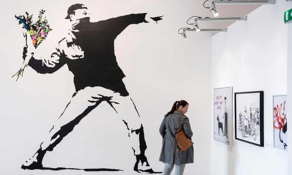 A reproduction of the Flower Thrower stencil mural at a Banksy exhibition in Budapest this year.