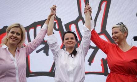 From left: Veronika Tsepkalo, Svetlana Tikhanovskaya and Maria Kolesnikova, at a rally in July.