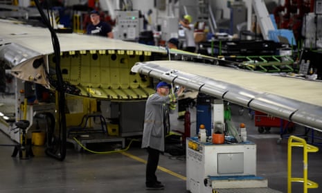 A worker inspects a C Series aeroplane wing in the Bombardier factory in Belfast.