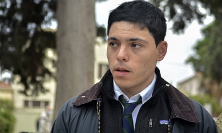 Sean Binder stands outside a court in Lesbos, Greece in 2021.