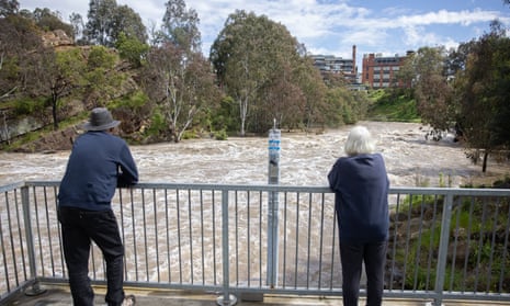 High water levels on the Yarra river at Dights Falls in Abbotsford, Melbourne
