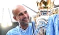 Pep Guardiola with the Premier League trophy, which he has won six times at Manchester City.