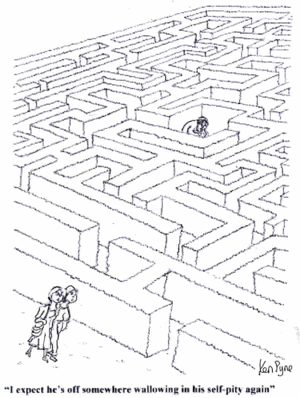 “I expect he’s off somewhere wallowing in his self-pity again.” Ken Pyne’s view of the cartoonist sitting glumly in the centre of a maze