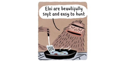 A series of Stephen Collins cartoon images about HG Wells and a Morlock , panel 5