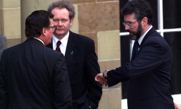 David Trimble, left, with Martin McGuinness, Sinn Féin chief negotiator, centre, and Gerry Adams, SF president, at Hillsborough, Northern Ireland, 1999.