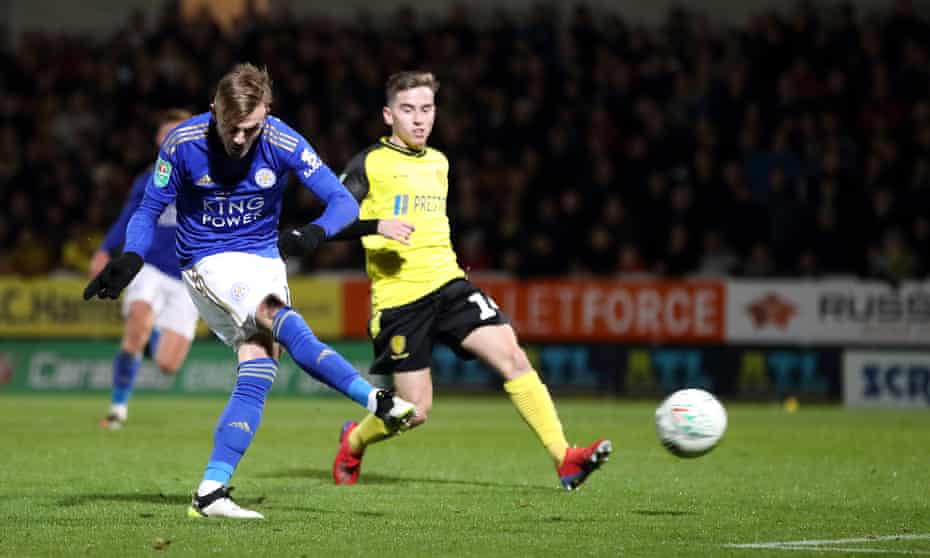 James Maddison scores Leicester’s third goal against Burton Albion