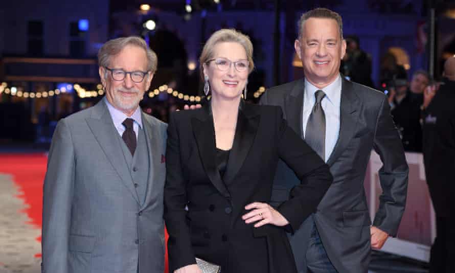 Steven Spielberg, left, with his The Post lead actors Meryl Streep and Tom Hanks, at the film’s European premiere on Wednesday.