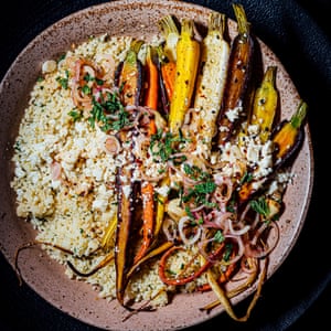 Couscous with sesame-roasted carrots and feta.