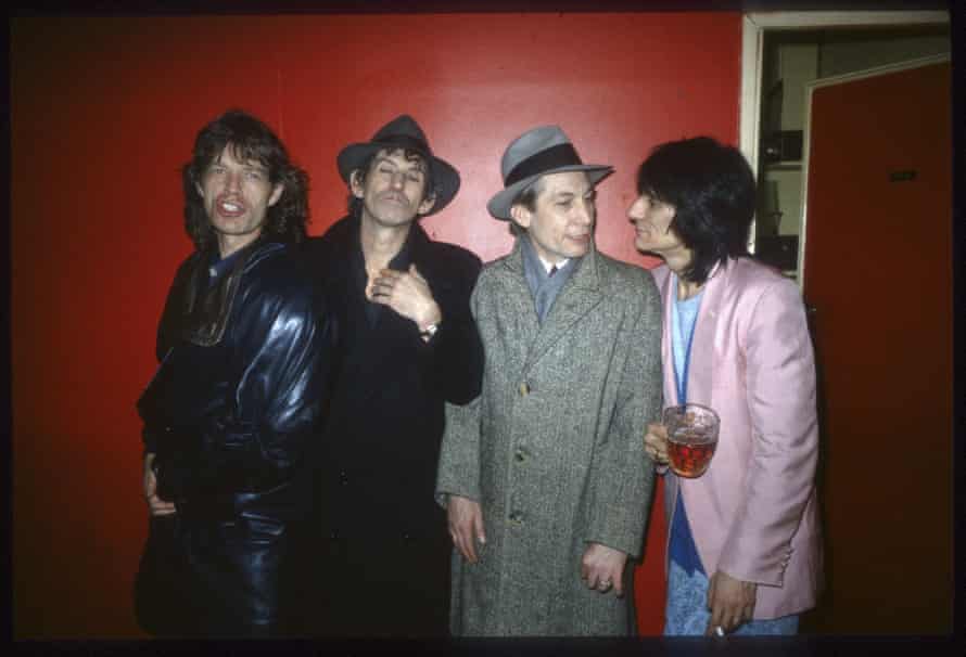 The Rolling Stones backstage at the 100 Club, 1986, from left: Mick Jagger, Keith Richards, Charlie Watts and Ronnie Wood.