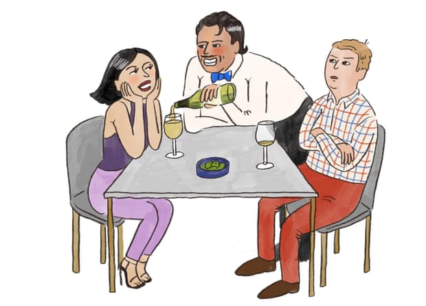Illustration of a man and woman sitting at a table with a waiter pouring wine between them