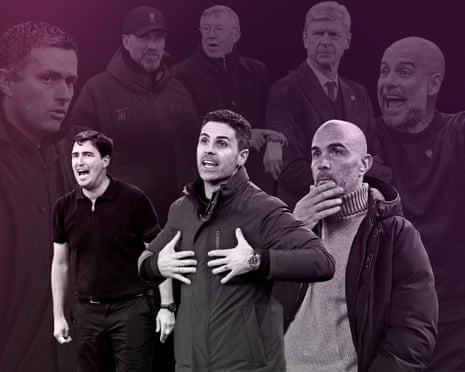 From back-left: José Mourinho, Jürgen Klopp, Alex Ferguson, Arsène Wenger and Pep Guardiola. From front-left: Andoni Iraola, Mikel Arteta and Enzo Maresca