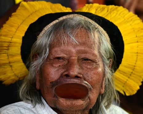 Brazilian indigenous leader and environmentalist chief Raoni during a protest boat trip at COP30