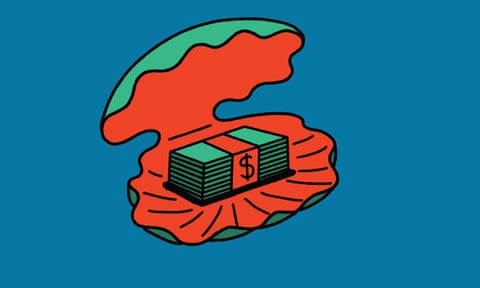 illustration: a clam shell with wads of cash inside it