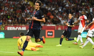 Edison Cavani of celebrates his second goal of the night in an ominous 3-0 win for PSG at Monaco.