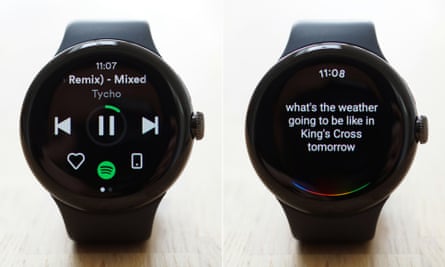Uma imagem composta mostrando o Spotify e o Google Assistant rodando em um Pixel Watch.