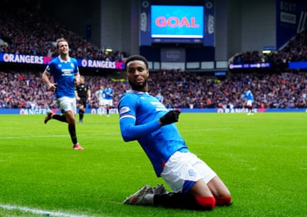 Youssef Chermiti celebrates after scoring Rangers second goal against Celtic.