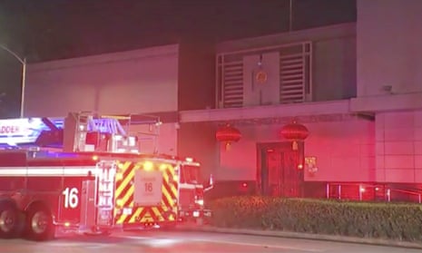 A video still shows a fire engine outside the Chinese consulate in Houston