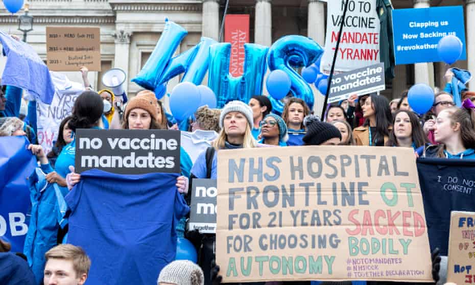 Health workers protesting last week against compulsory vaccines for NHS and care staff.