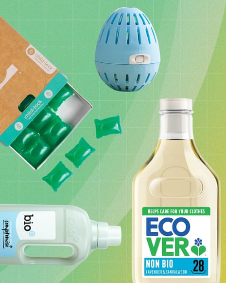 Laundry detergent products including green pods, a blue washing ball, and liquid bottles