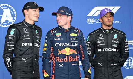 Max Verstappen (centre) of Red Bull poses with Mercedes’ British drivers George Russell (left) and Lewis Hamilton, who qualified second and third.