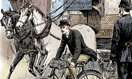 A police constable looks on as a cyclist rides alongside a horse bus (omnibus), London 1895. Illustration for Cycling, artist, Stephen T Dadd. 