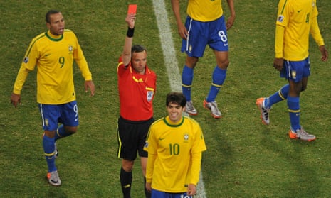 Kaka is one of 16 Brazil players to be sent off in a World Cup finals tournament, against Ivory Coast in 2010.