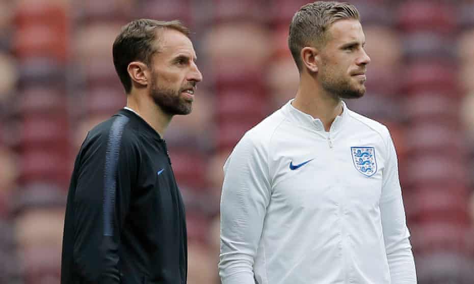 Gareth Southgate, pictured alongside Jordan Henderson at the Luzhniki Stadium, says his young side have been ‘brilliant ambassadors’ for England.