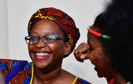 Stella Nyanzi smiles after her conviction and jail term were quashed at a hearing in Kampala, Uganda