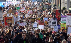 Protesters march in London after Donald Trump’s inauguration.