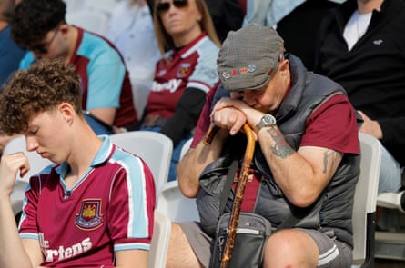 A sad looking West Ham fan during the Premier League match between West Ham and Everton at the London Stadium on 25 April 2026