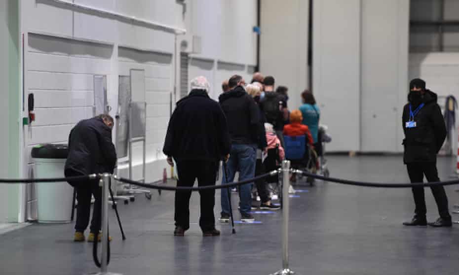 Queue for a jab at The Excel Vaccination Centre, east London