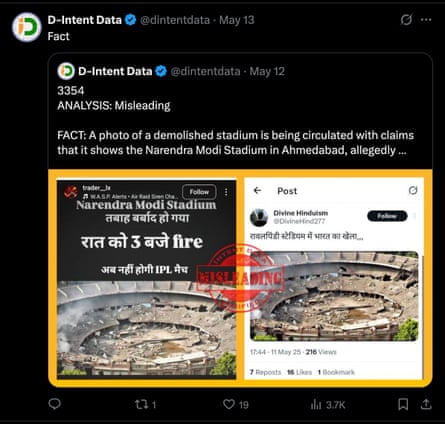 An X post labelling pictures of a ruined stadium as fakes