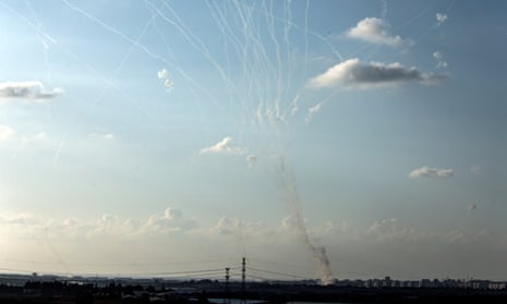 Israel's Iron Dome anti-missile system intercepts rockets launched from the Gaza Strip above Ashkelon.