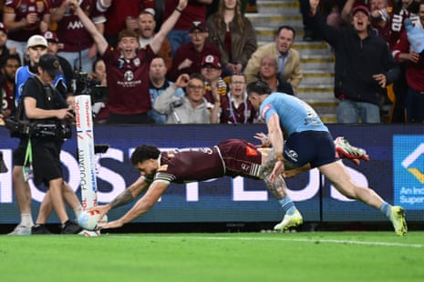 Jojo Fifita scores a try to boost Queensland’s hopes for a comeback.