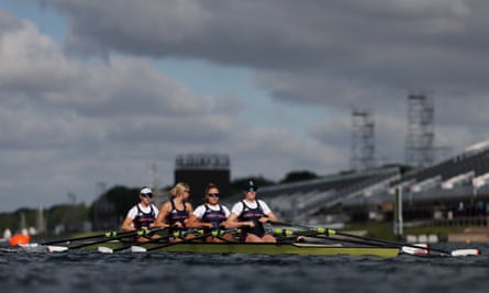 Team GB’s women’s quadruple sculls team of Lola Anderson (second right), Georgina Brayshaw, Hannah Scott and Lauren Henry take to the water during a training session at Vaires-Sur-Marne Nautical Stadium on 22 July 2024 in Paris, France.