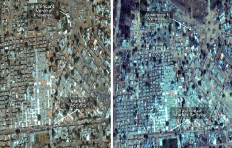 Side-by-side satellite images of El Fasher, Sudan: the left side, from August 2025, shows evidence of market activity and vehicles around the city, the right side, from 17 November 2025, shows no activity.