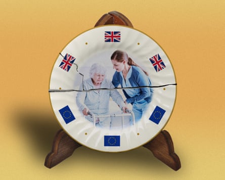 An illustration of a broken plate featuring an elderly person with a zimmer frame and a care worker