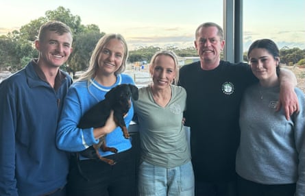 Valerie the dachshund with owners Josh Fishlock and Georgia Gardner and Kangala Wildlife Rescue’s Lisa, Jared and Saskia Karran