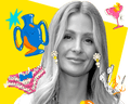 Millie Mackintosh smiles in black-and-white, surrounded by colourful illustrated flowers, jewellery, and objects
