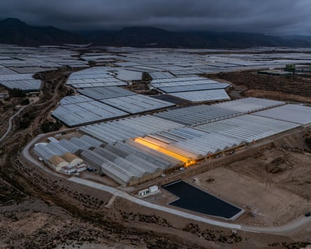 A view at sunset of the Campo de Dalías area, also known as the ‘sea of plastic’, southwest of Almería, Spain.