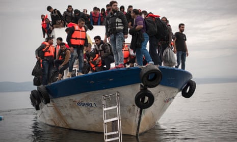 Refugees arrive from Turkey on the Greek island of Lesbos.