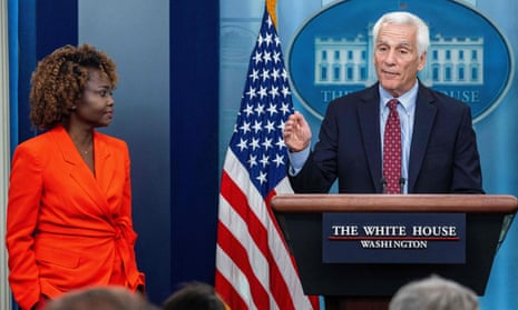 The White House press secretary, Karine Jean-Pierre, with Jared Bernstein at a press briefing at the White House in Washington, DC, moments ago.